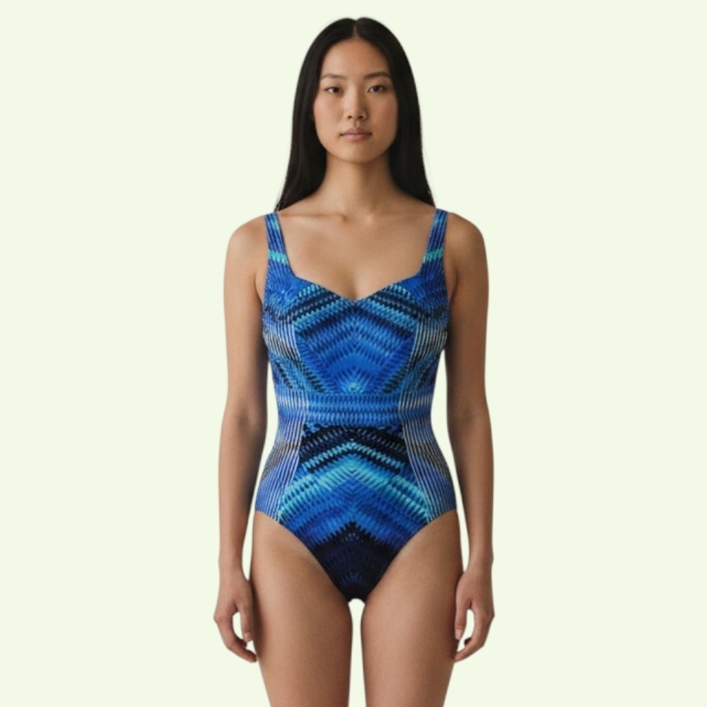 Gottex One Piece Swimsuit 8 Blue Geometric Chevron Sweetheart Padded Designer